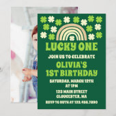 Invitation Green Rainbow Lucky One First Birday Party Photo (Devant / Derrière)