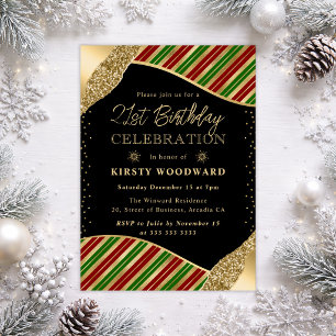 Invitation Green, Red & Gold Winter Stripes 21e anniversaire