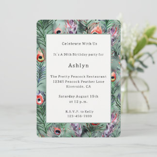 Invitation Green Red Peacock Feathers Birthday