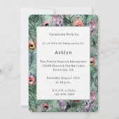 Invitation Green Red Peacock Feathers Birthday (Devant)