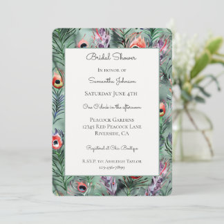 Invitation Green Red Peacock Feathers Bridal Shower