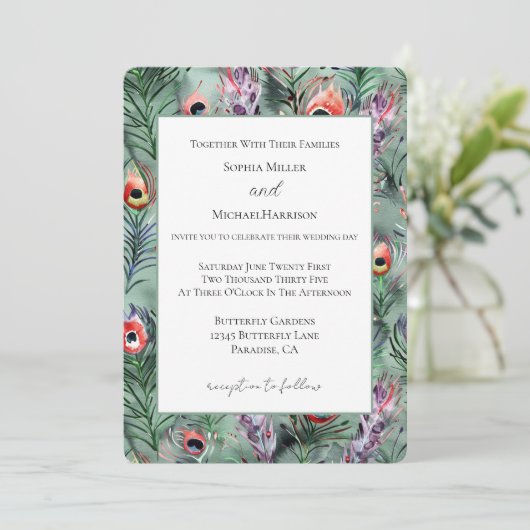Invitation Green Red Peacock Feathers Wedding (Debout devant)