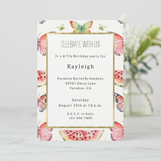 Invitation Green Red Watermelon Blue Butterflies Birthday (Debout devant)
