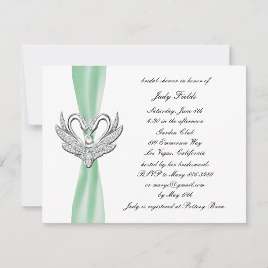 Invitation Green Ribbon Silver Swans nuptiale douche Invitati (Devant)