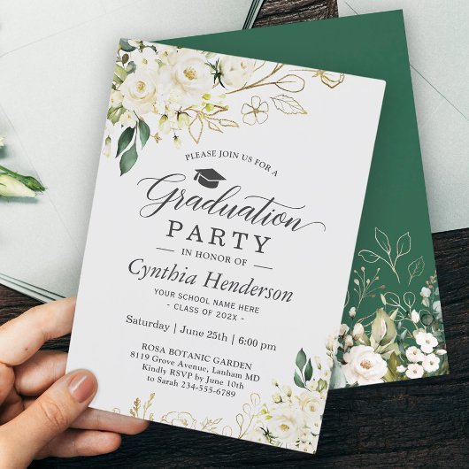 Invitation Green Rose blanche Floral Graduation Party