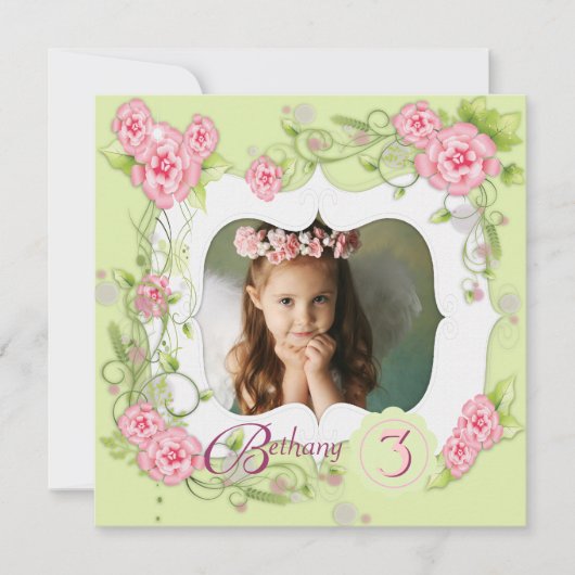 Invitation Green Rose Rose Girls 3e fête d'anniversaire (Devant)
