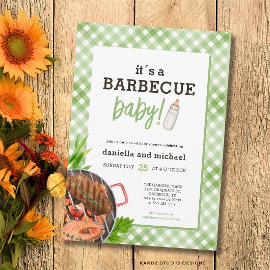 Invitation Green Rustic Gingham Barbecue Baby Shower