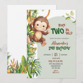 Invitation Green Safari Monkey Born Two Be Wild 2nd Birthday (Devant / Derrière)