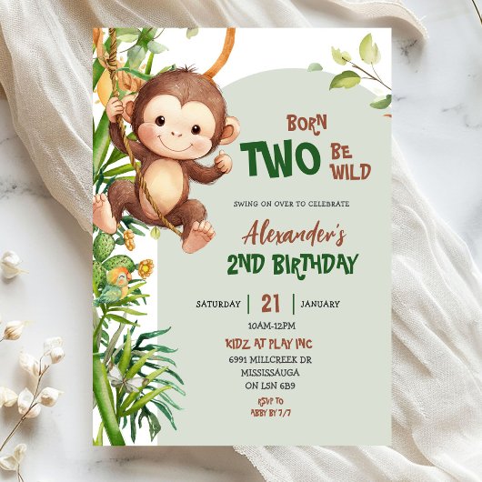 Invitation Green Safari Monkey Born Two Be Wild 2nd Birthday
