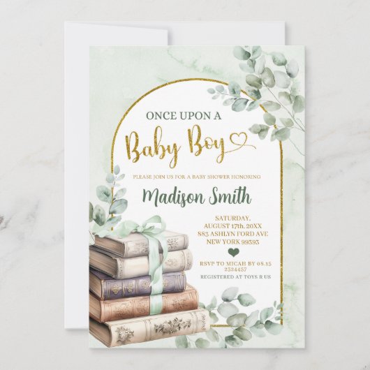Invitation Green Sage Livre d'histoire Baby shower à thème (Devant)
