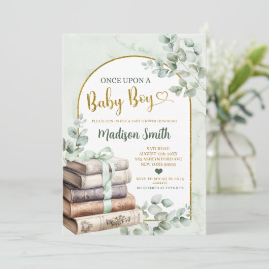 Invitation Green Sage Livre d'histoire Baby shower à thème (Debout devant)