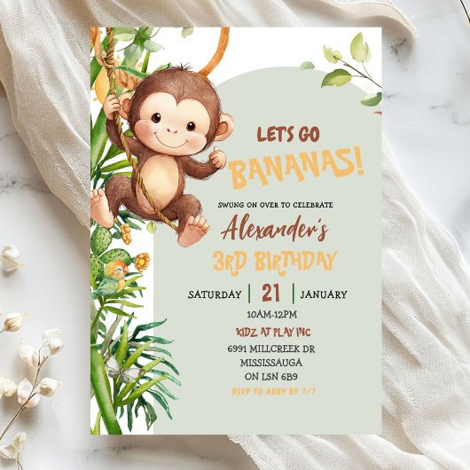 Invitation Green Savannah Monkey Let's Go Bananas Birthday