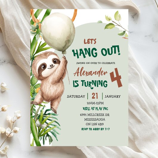 Invitation Green Savannah Sloth Let's Hang Out Birthday