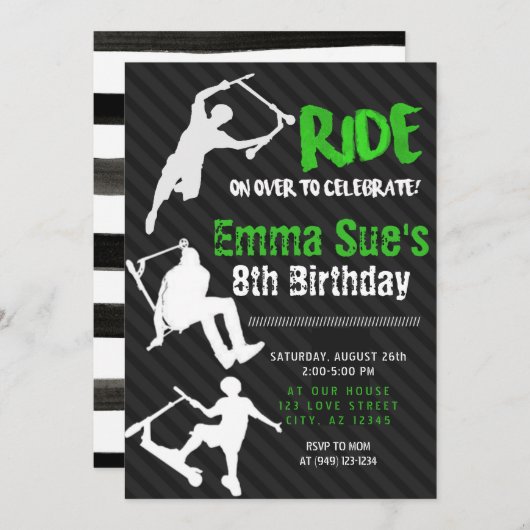 Invitation Green Scooter Skate Park fête Anniversaire (Devant / Derrière)