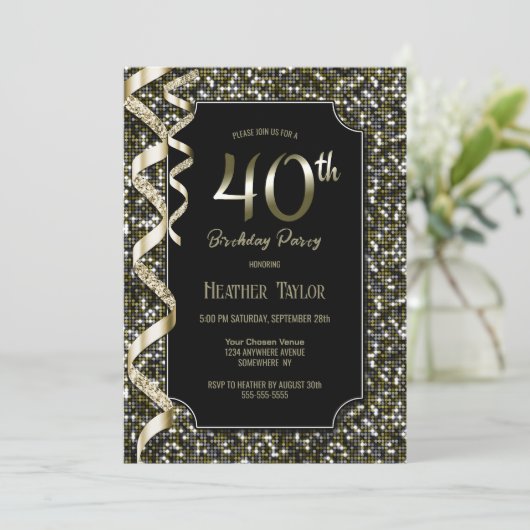 Invitation Green Sequins 40e fête d'anniversaire (Debout devant)