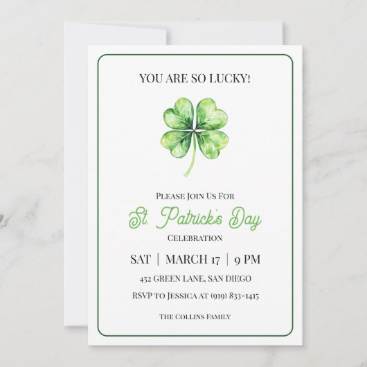 Invitation Green Shamrock Luck Simple St. Patrick's Day Party (Devant)