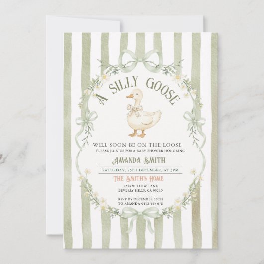 Invitation Green Silly Goose Baby Shower Preppy Strpes  (Devant)