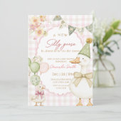 Invitation Green Silly Goose Pink Gingham Baby shower (Debout devant)
