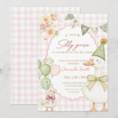 Invitation Green Silly Goose Pink Gingham Baby shower (Devant / Derrière)