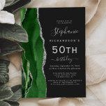 Invitation Green Silver Agate Dark 50th Birthday Party<br><div class="desc">Le bord gauche de cette élégante invitation à la fête d'anniversaire moderne comporte une bordure d'agate d'aquarelle verte ornée d'une fausse parties scintillant argentée. Le texte personnalisable combine écriture gris argenté, copperplate et polices italiques sur un arrière - plan noir ardoise. L'envers présente un design d'agate vert et argenté assorti....</div>