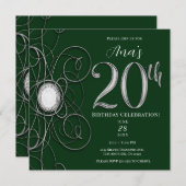 Invitation Green & Silver Diamond 20 20e fête d'anniversaire (Devant / Derrière)