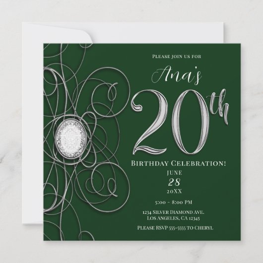 Invitation Green & Silver Diamond 20 20e fête d'anniversaire (Devant)