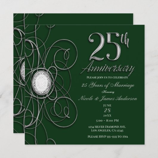 Invitation Green & Silver Diamond 25 25e anniversaire (Devant / Derrière)