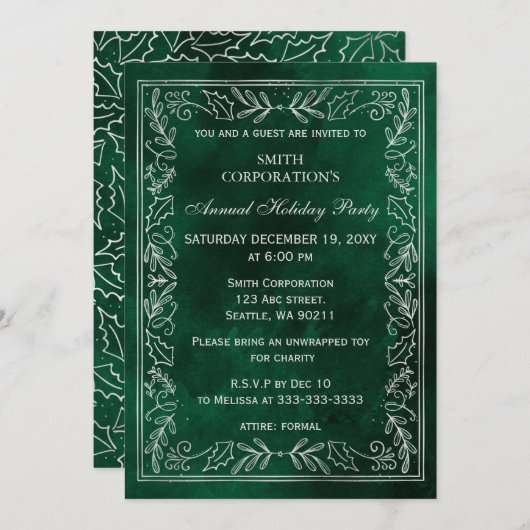 Invitation Green Silver Elegant Corporate Holiday Party (Devant / Derrière)
