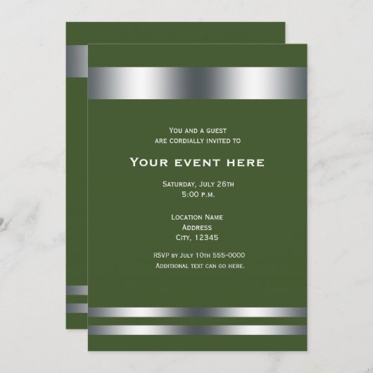 Invitation Green & Silver Elegant Dinner Party Event (Devant / Derrière)