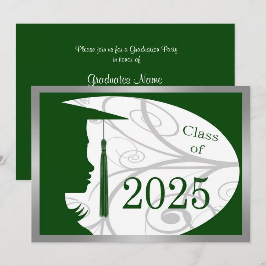 Invitation Green & Silver Silhouette 2025 Graduation Party (Devant / Derrière)