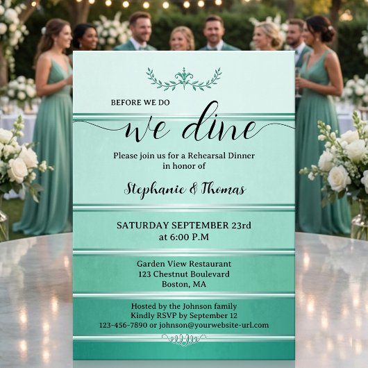 Invitation Green Silver Striped Tone on Tone Rehearsal Dinner