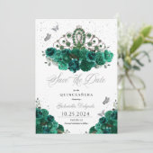 Invitation Green & Silver Tiara Sauvez La Date Quinceañera (Debout devant)