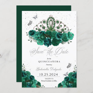 Invitation Green & Silver Tiara Sauvez La Date Quinceañera