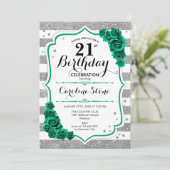 Invitation Green Silver White Stripes Rose 21e anniversaire (Debout devant)