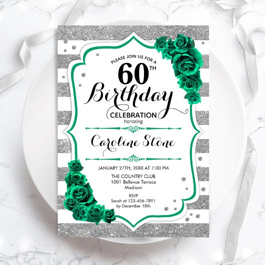 Invitation Green Silver White Stripes Rose 60e anniversaire