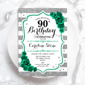 Invitation Green Silver White Stripes Rose 90e anniversaire