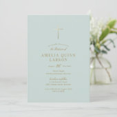 Invitation Green Simple Elegant Gold Cross Baptism (Debout devant)