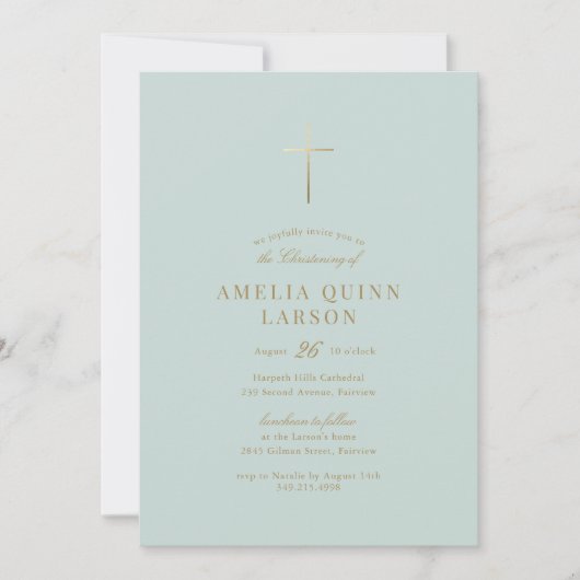 Invitation Green Simple Elegant Gold Cross Christening (Devant)