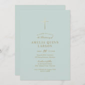 Invitation Green Simple Elegant Gold Cross Christening (Devant / Derrière)