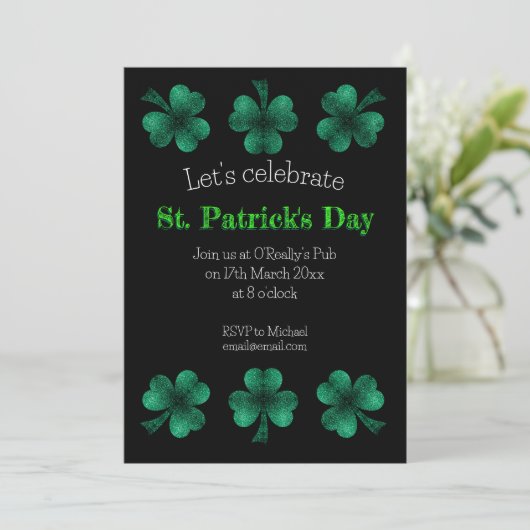 Invitation Green Sparkle Shamrock noir St Patrick Day (Debout devant)