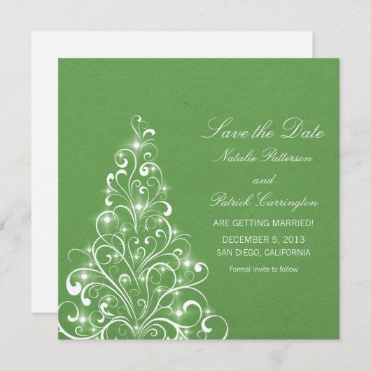 Invitation Green Sparkly Holiday Tree Save the Date Invitatio (Devant / Derrière)