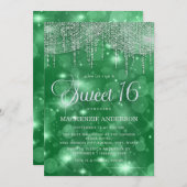 Invitation Green String Lights Bokeh Sweet 16 (Devant / Derrière)
