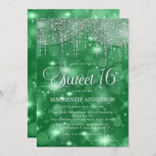 Invitation Green String Lights Bokeh Sweet 16 (Devant / Derrière)