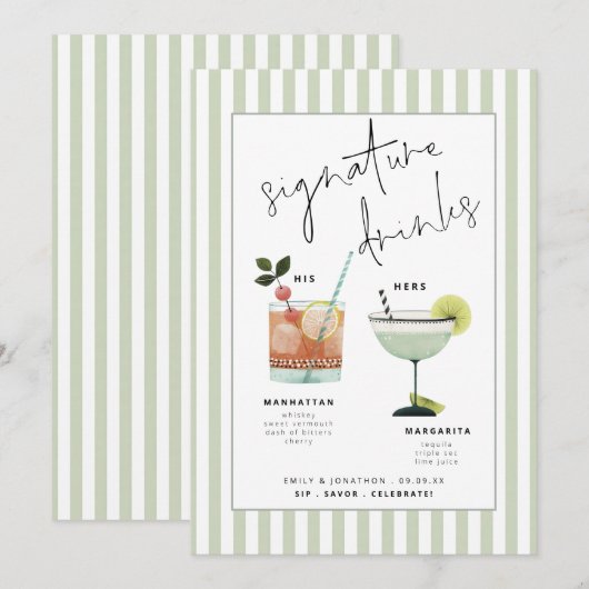 Invitation Green Stripe Bar Signature Drinks Custom Cocktails (Devant / Derrière)