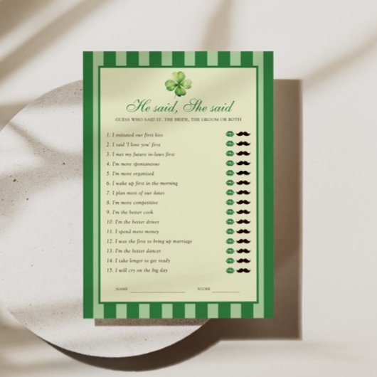 Invitation Green Striped Clover He said She said Game Card