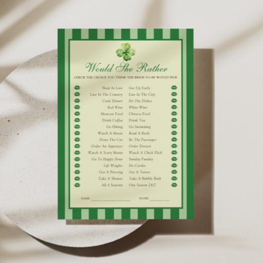 Invitation Green Striped Clover Would She Rather Game Card