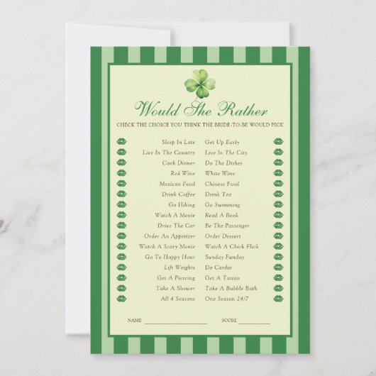 Invitation Green Striped Clover Would She Rather Game Card (Devant)