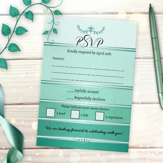Invitation Green Striped Tone on Tone Wedding RSVP Card