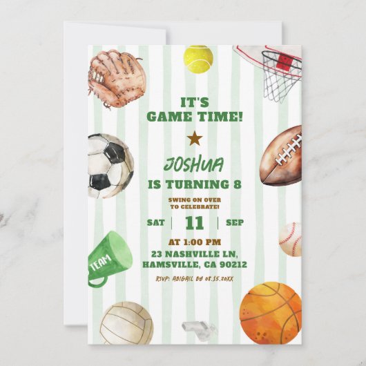 Invitation Green Stripes Sports Jeu Heure Jeu Garçon Annivers (Devant)