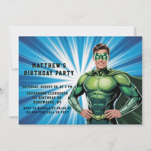 Invitation Green Superhero Boys Birthday Party (Devant)
